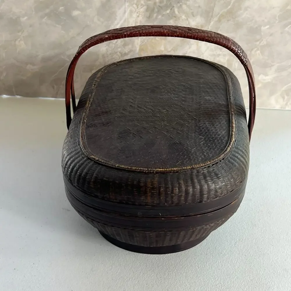Oriental Chinese Food Bridal Lidded Wicker Bamboo Basket With Handle